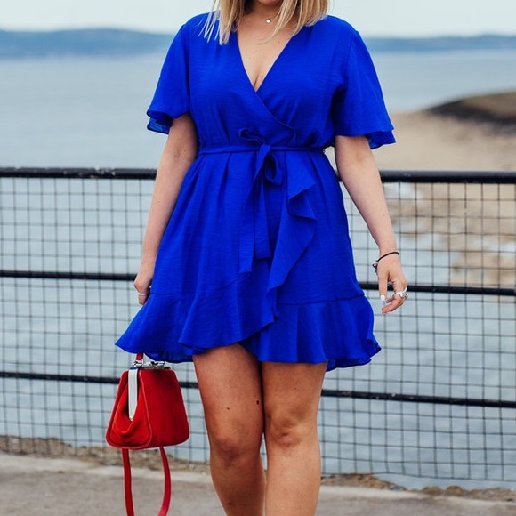 SOLD! Topshop Royal Blue V-Neck Wrap Tie Riffle Mini Dress 6 - Picture 2 of 13